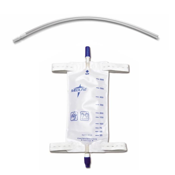 A Medline fluid collection bag with dual purple-tipped connectors and measurement markings, shown with a curved clear tubing piece above it on a white background. - okotoks hc pharmacy