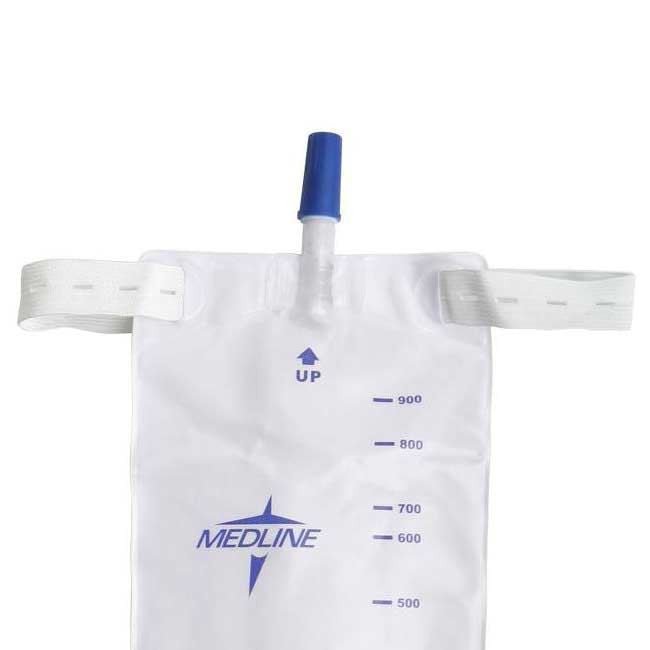 White urine collection bag with blue markings and a Medline logo on a white background - okotoks hc pharmacy