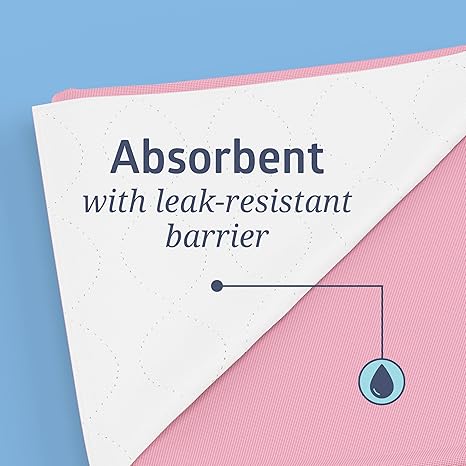 Product packaging with text 'Absorbent with leak-resistant barrier' on a blue background - okotoks hc pharmacy