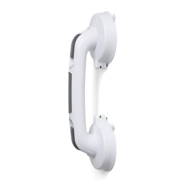 White grab bar with armrest on a white background - okotoks hc pharmacy