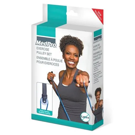 MedPro exercise pulley set packaging with a woman using the equipment - Okotoks HC Pharmacy