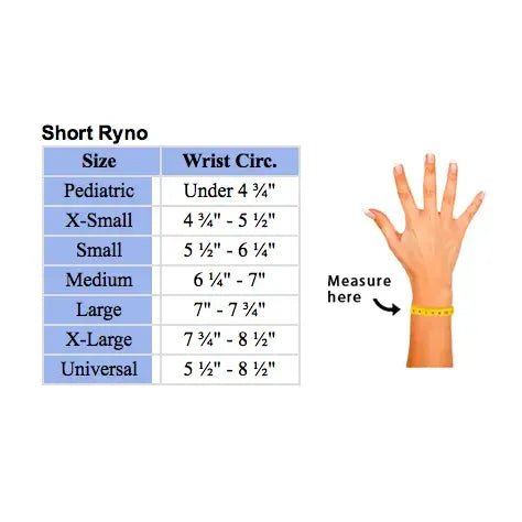 Size chart for a short ryno brand wristband, showing a table with sizes from Pediatric to Universal and recommended wrist circulations, alongside an illustration of a hand and wrist with a measuring tape graphic. - okotoks hc pharmacy
