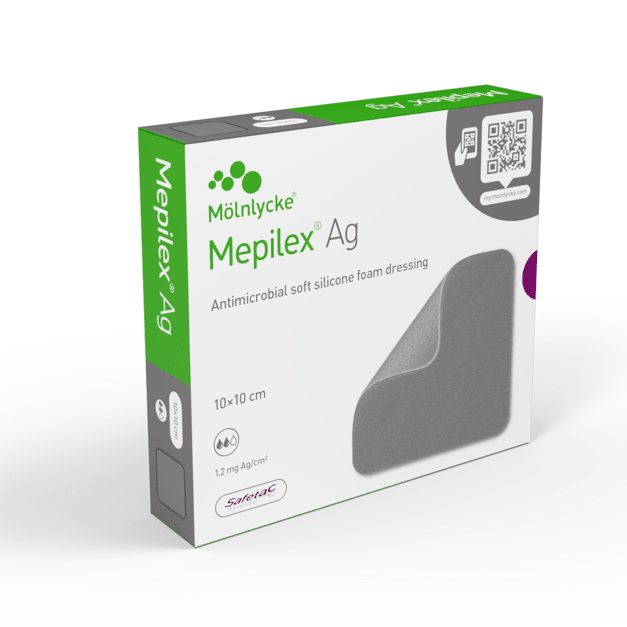 Mepilex Ag packaging on a white background - okotoks hc pharmacy
