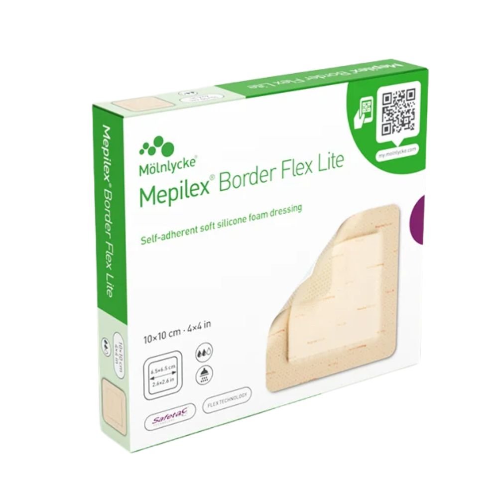 Mepilex Border Flex Lite packaging with Mölnlycke logo on a white background - okotoks hc pharmacy