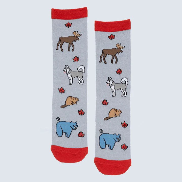 Gray socks with animal illustrations and red accents on a light blue background - OKOTOKS HC PHARMACY