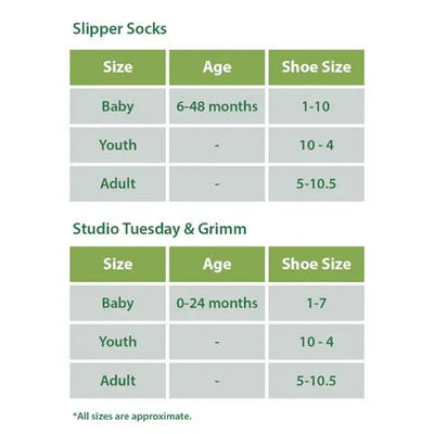 Slipper socks size chart with age and shoe size ranges. - okotoks hc pharmacy