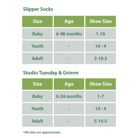 Slipper socks size chart with age and shoe size ranges. - okotoks hc pharmacy