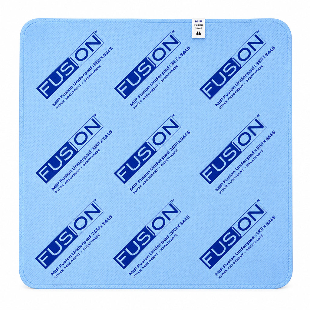 Blue Fusion Chair underpad with repeated logo on a white background - okotoks hc pharmacy