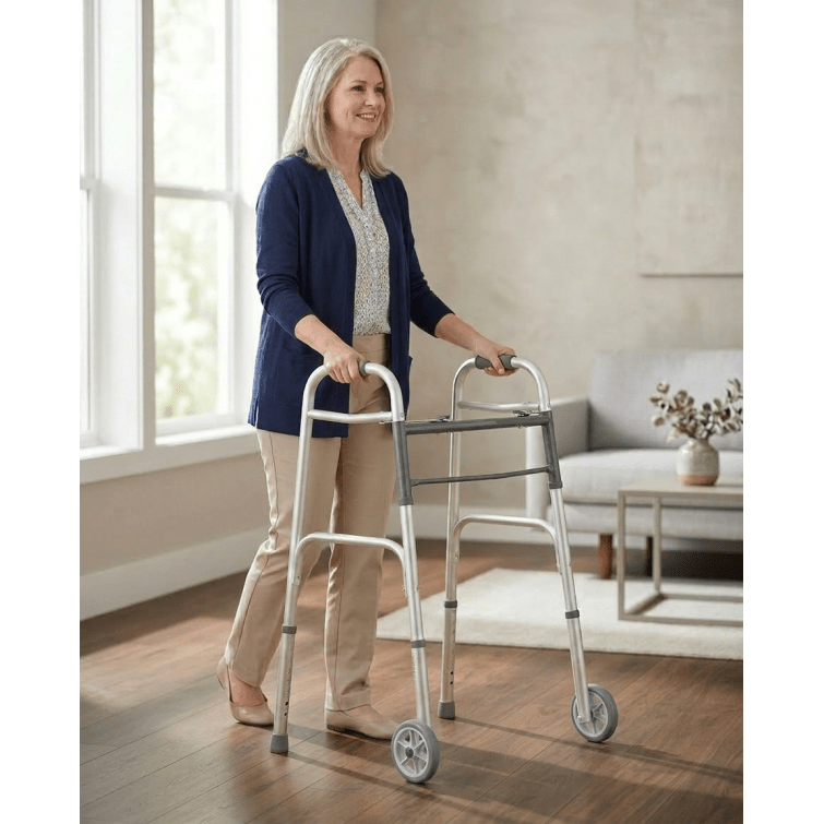 Woman using a walker in a home setting - okotoks hc pharmacy