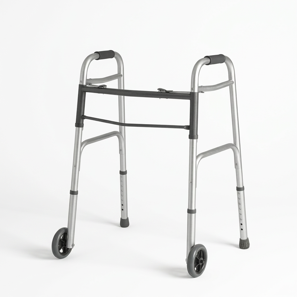 Silver walker with wheels on a white background - okotoks hc pharmacy