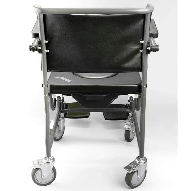 Black and silver commode chair on a white background - okotoks hc pharmacy