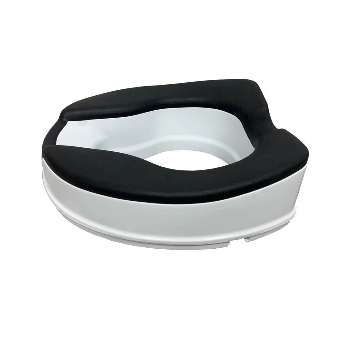 White toilet seat with black cover on a white background - okotoks hc pharmacy