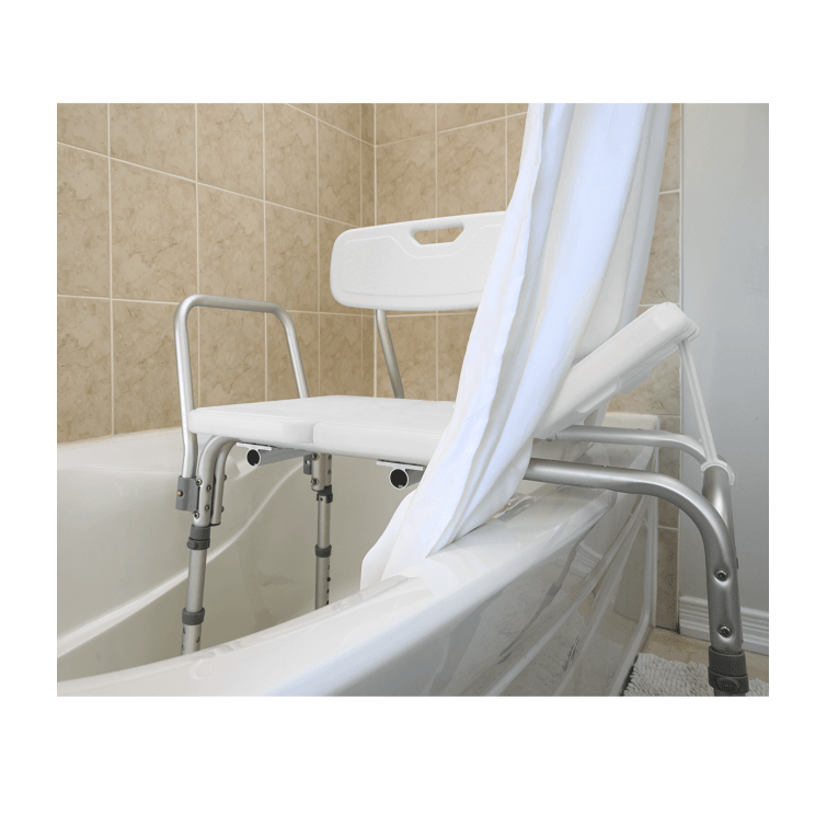 Bath chair with shower curtain in a bathroom setting - okotoks hc pharmacy