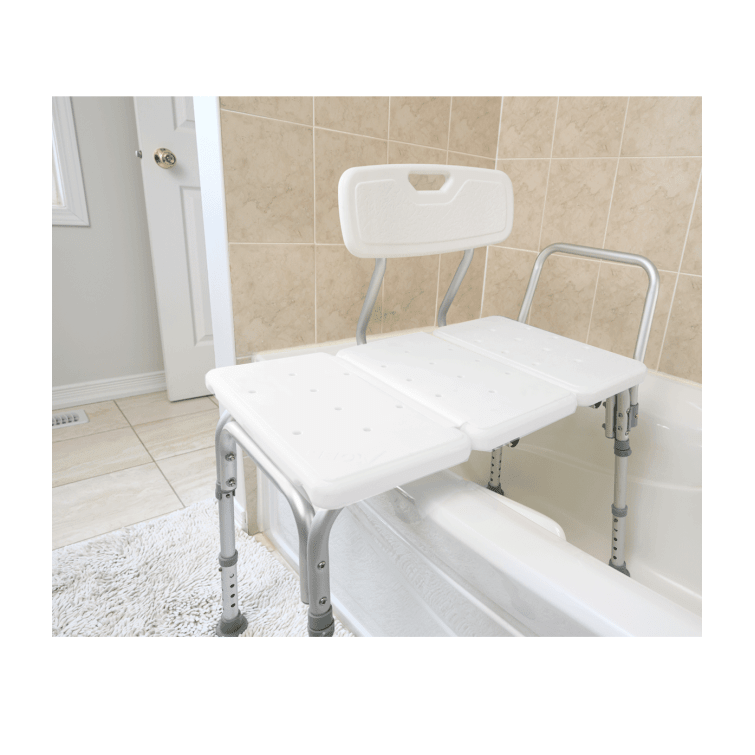 White adjustable bathtub seat with backrest in a bathroom setting. - okotoks hc pharmacy