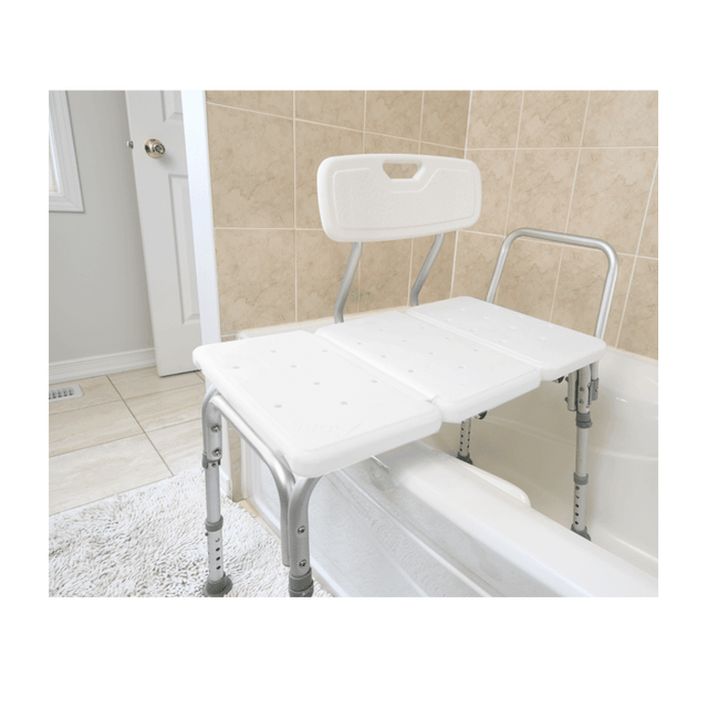 White adjustable bathtub seat with backrest in a bathroom setting. - okotoks hc pharmacy