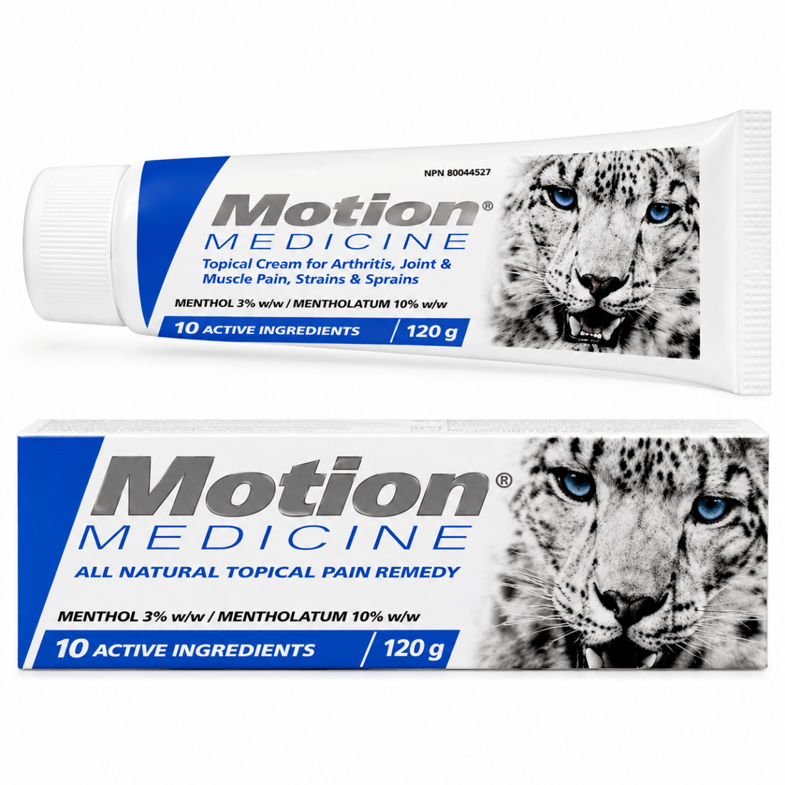 Two tubes of Motion Medicine topical cream with a snow leopard on the packaging. - okotoks hc pharmacy