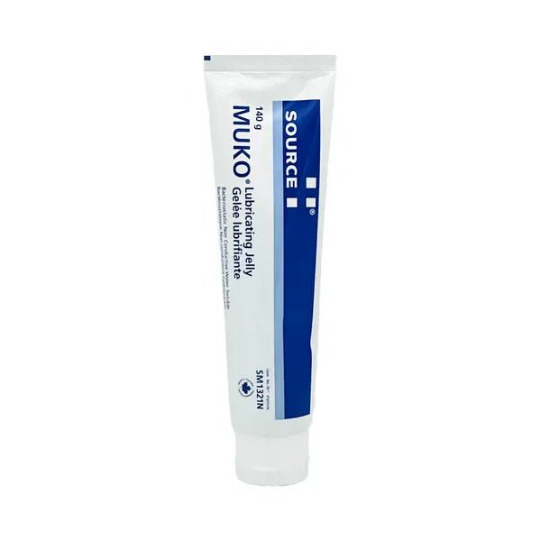 Tube of Source Muko lubricating jelly on a white background - Okotoks HC Pharmacy