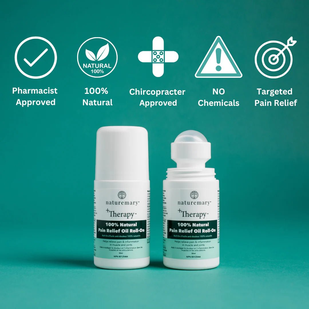 Two bottles of Naturemory Therapy Pain Relief Oil Roll-On on a teal background with approval icons. - okotoks hc pharmacy