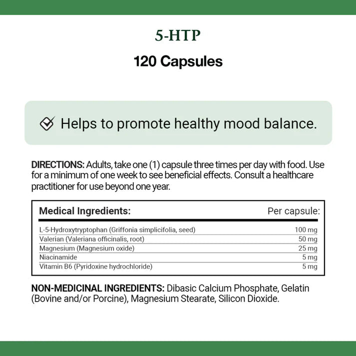Label for 5-HTP capsules with directions and medical ingredients listed. - okotoks hc pharmacy