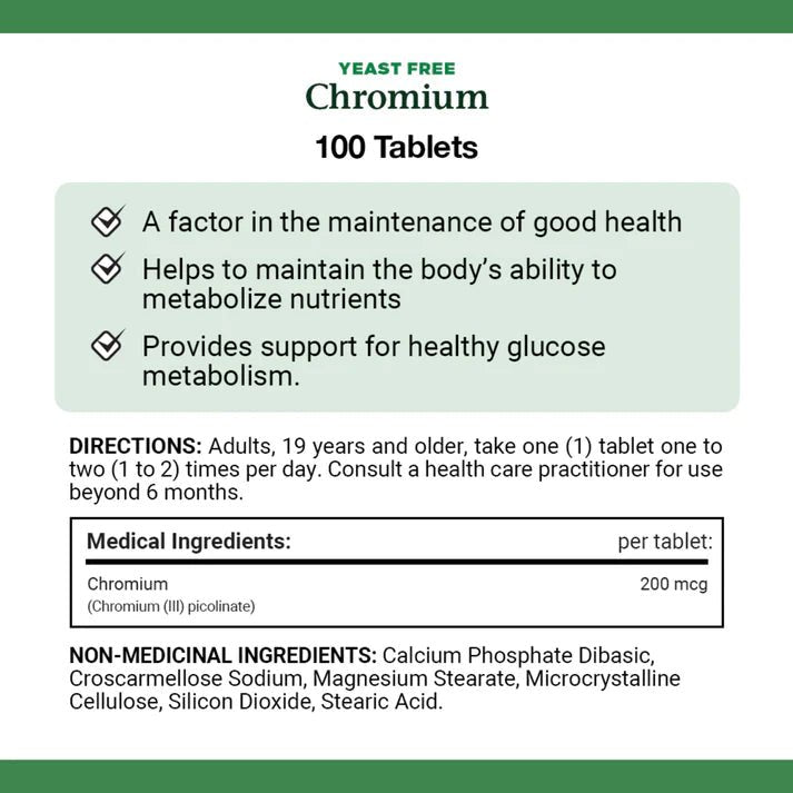 Yeast-free Chromium supplement label with directions and ingredients on a green background - okotoks hc pharmacy