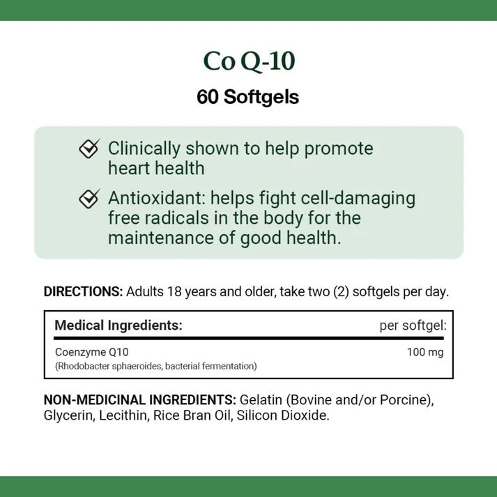 Co Q-10 supplement label with text and green border - okotoks hc pharmacy
