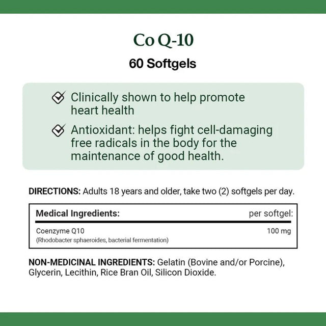 Co Q-10 supplement label with text and green border - okotoks hc pharmacy