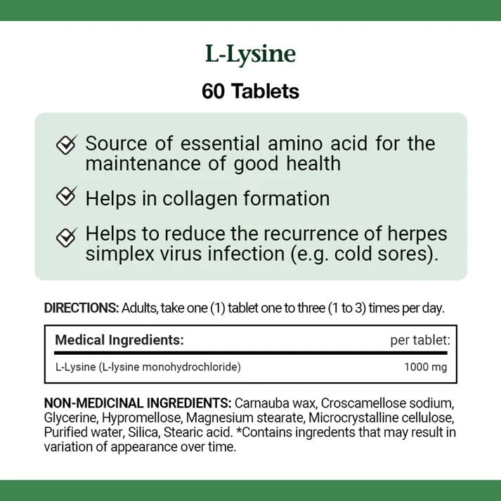 L-Lysine supplement label with directions and ingredients on a green background - okotoks hc pharmacy