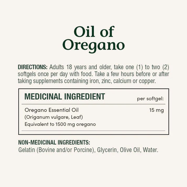 Supplement label for Oil of Oregano with directions and ingredient information. - okotoks hc pharmacy