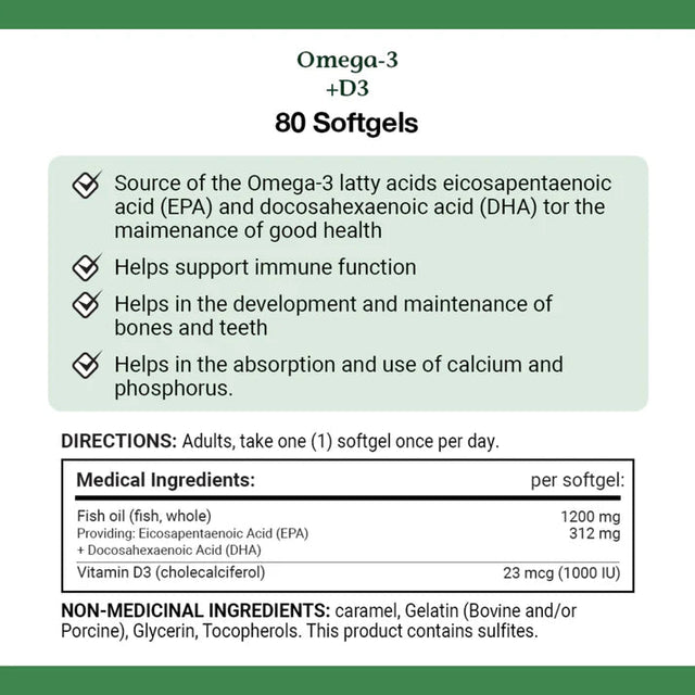 Omega-3 + D3 supplement label with directions and ingredient information. - okotoks hc pharmacy