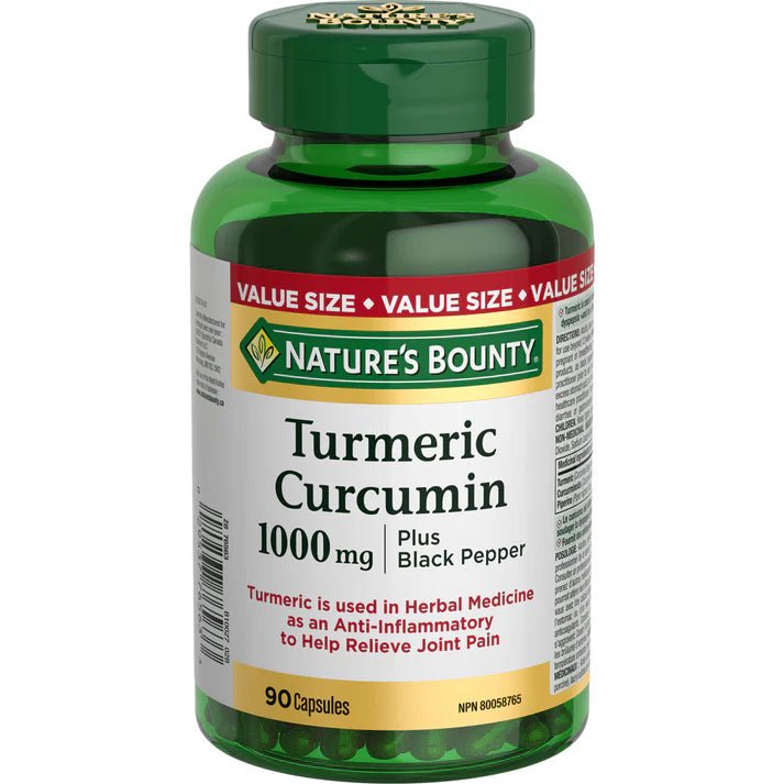 Nature's Bounty Turmeric Curcumin supplement bottle on a white background - okotoks hc pharmacy