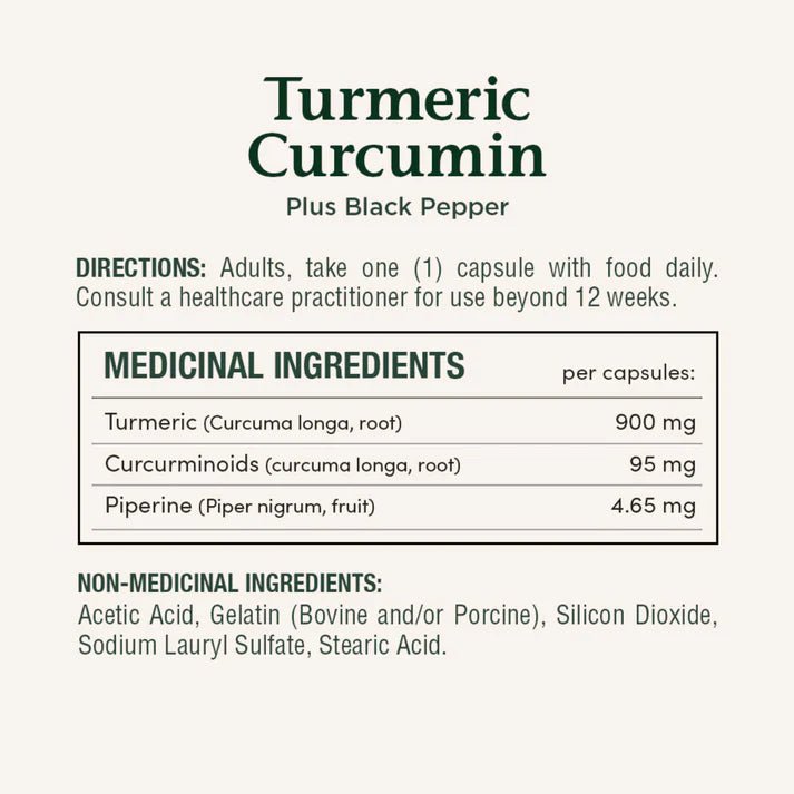 Turmeric Curcumin supplement label with directions and ingredient list on a white background - okotoks hc pharmacy