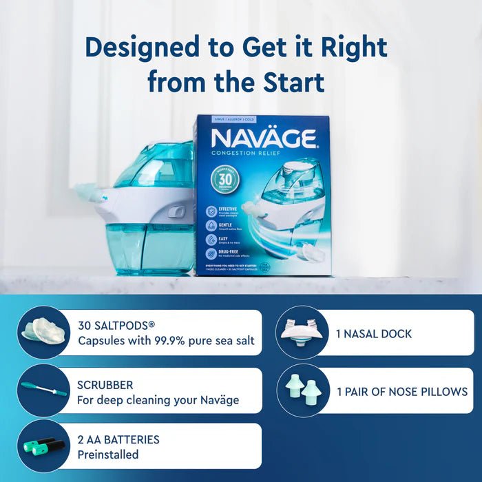 Naváge congestion relief product with packaging and features listed on a white background - okotoks hc pharmacy