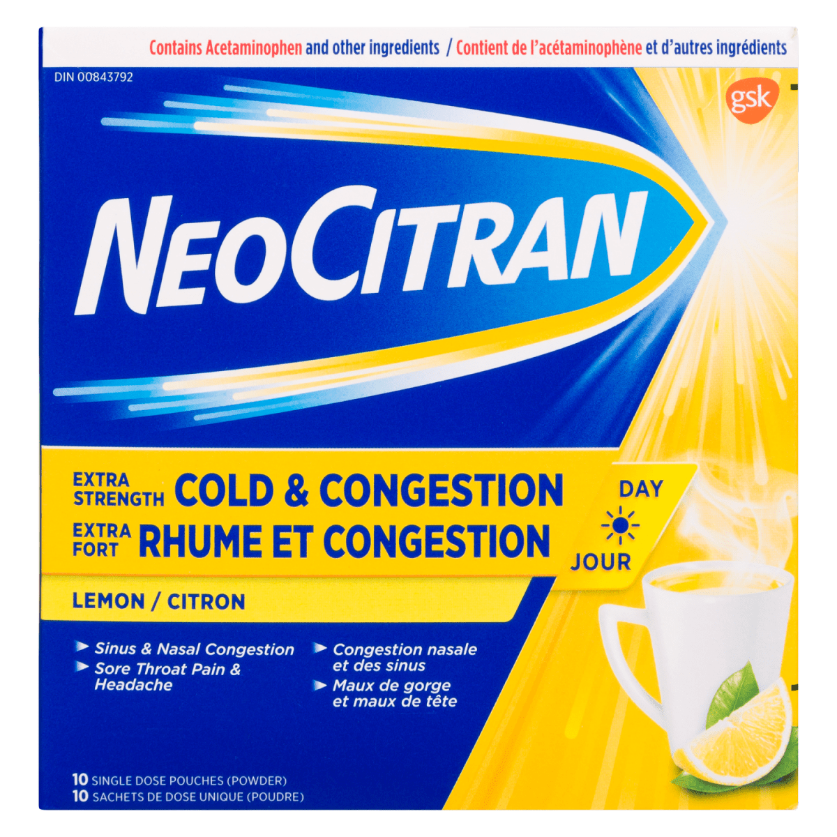 NeoCitran Extra Strength Cold & Congestion Non-Drowsy Lemon 10 pouches - Okotoks HC Pharmacy