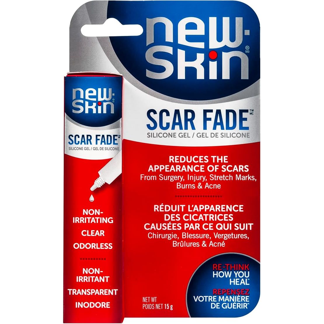 New-Skin Scar Fade silicone gel packaging with red and blue design. - okotoks hc pharmacy