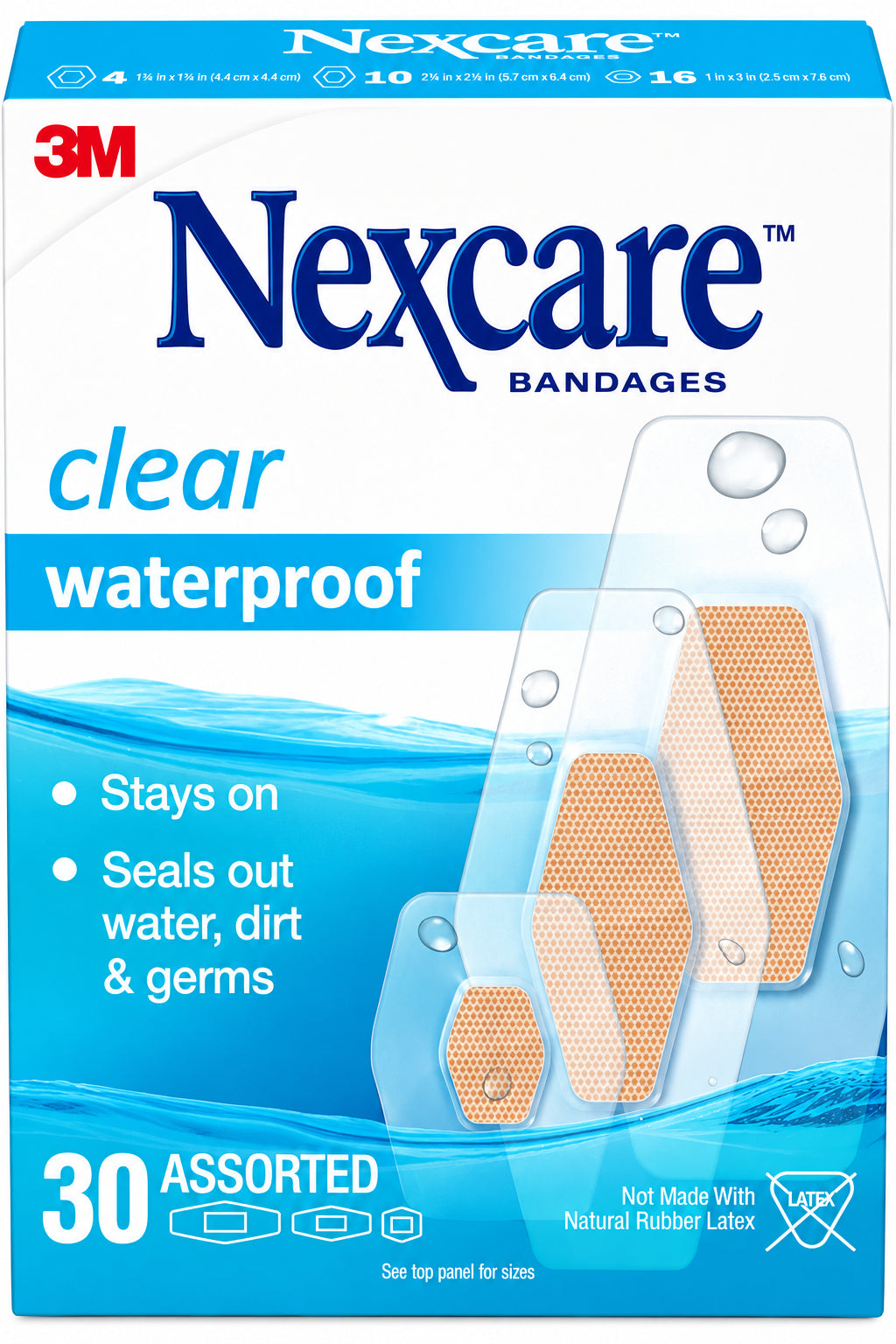 3M Nexcare Clear Waterproof Bandages - 30 Assorted Sizes