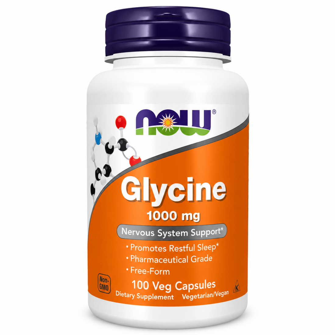 A white bottle of NOW Glycine 1000 mg dietary supplement with a dark purple cap and an orange label, shown on a plain white background. - okotoks hc pharmacy