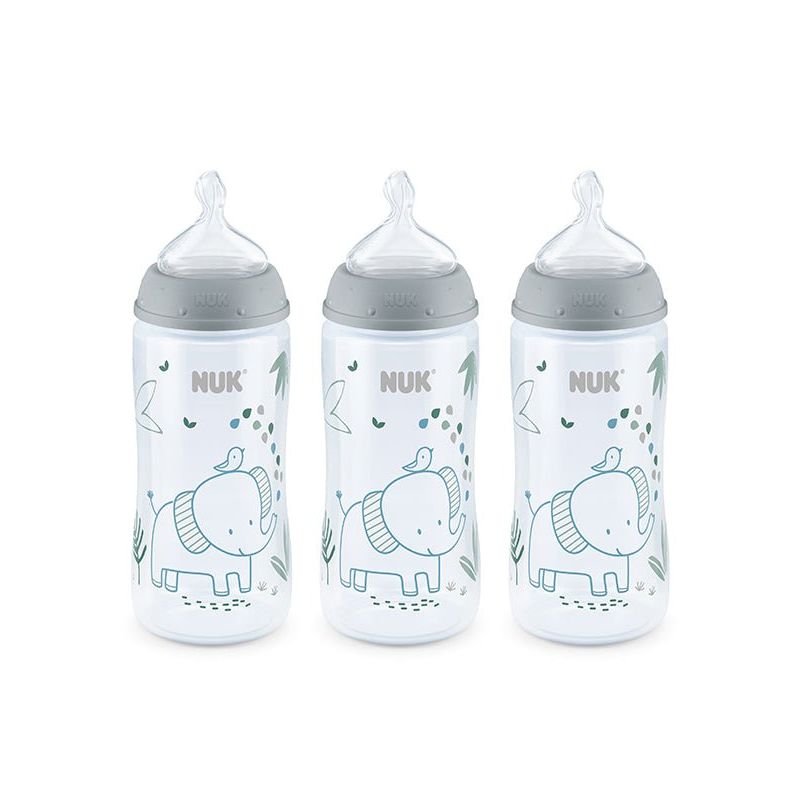 Three NUK baby bottles with elephant design on a white background - okotoks hc pharmacy