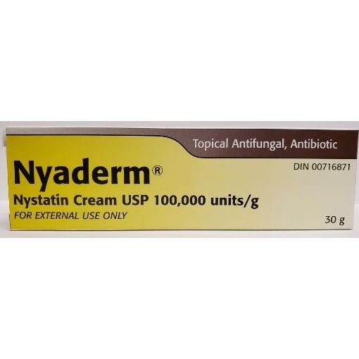 Nyaderm Nystatin Cream USP packaging with text and branding. - okotoks hc pharmacy