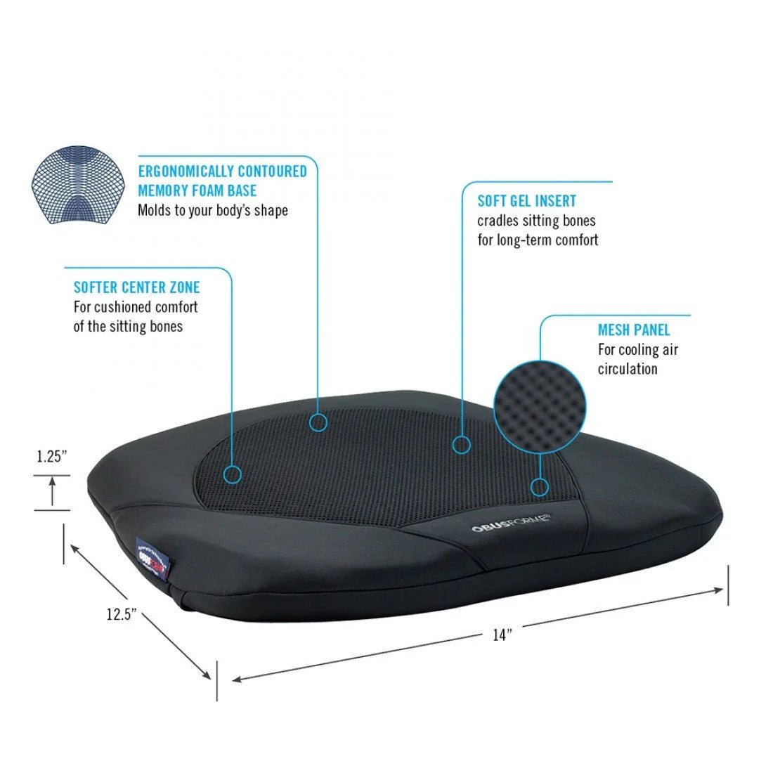 Black memory foam seat cushion with features and measurements on a white background - okotoks hc pharmacy