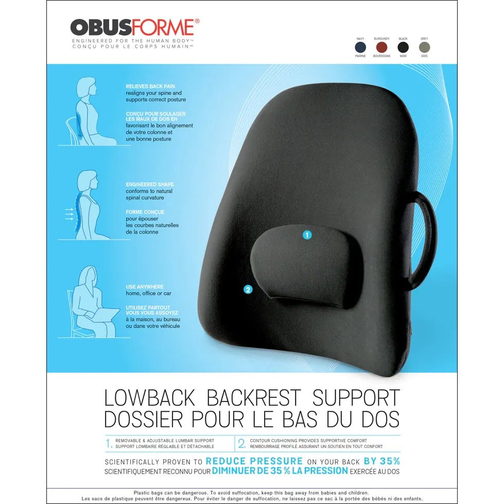 Black backrest support with branding and text on a blue and white background - okotoks hc pharmacy