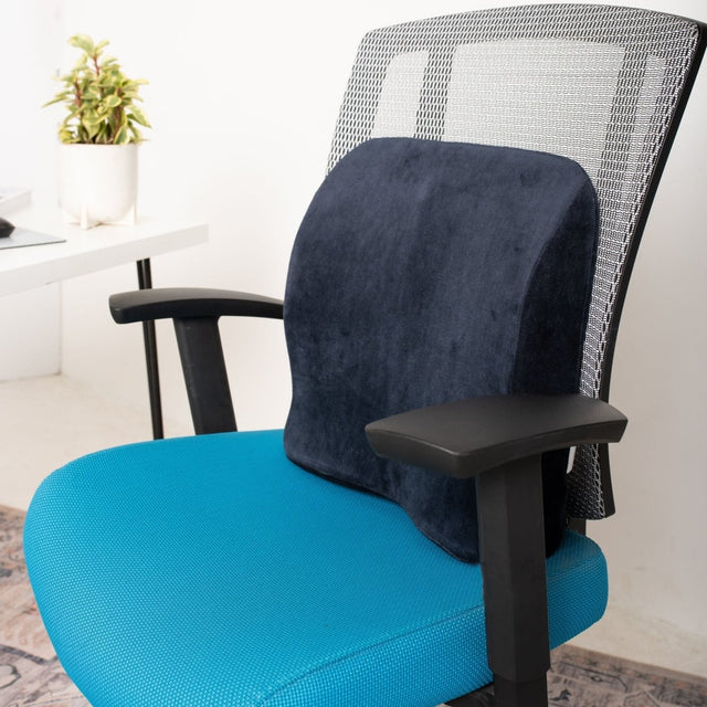 Blue office chair with a backrest cushion in a home office setting. - okotoks hc pharmacy
