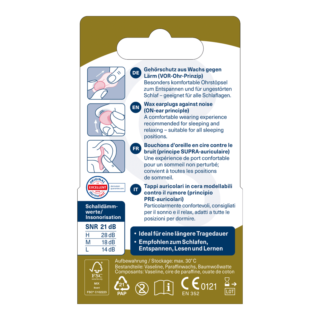 Wax earplugs packaging with text and illustrations on a white background - okotoks hc pharmacy