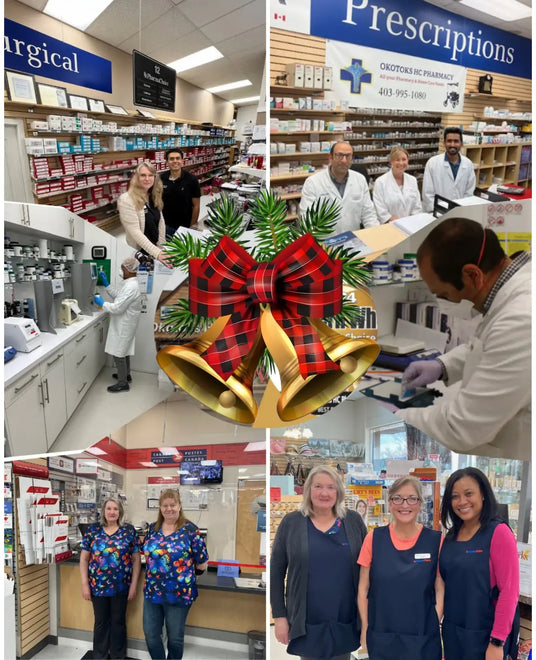 Collage of a pharmacy with staff and customers, featuring a decorative Christmas bell with plaid ribbon.