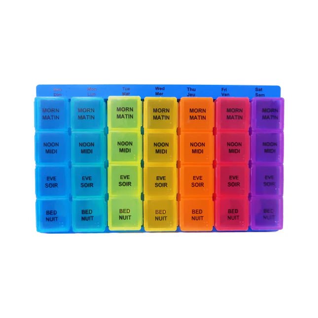 Multicolored pill organizer with labeled compartments on a white background - okotoks hc pharmacy