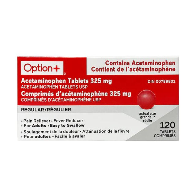 Box of Option Acetaminophen Tablets 325 mg on a white background - Okotoks HC Pharmacy