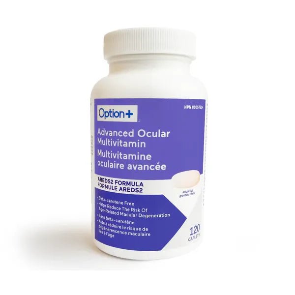 Bottle of Option+ Advanced Ocular Multivitamin on a white background - okotoks hc pharmacy