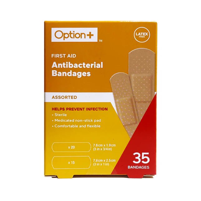 Box of Option+ antibacterial bandages on a white background - okotoks hc pharmacy