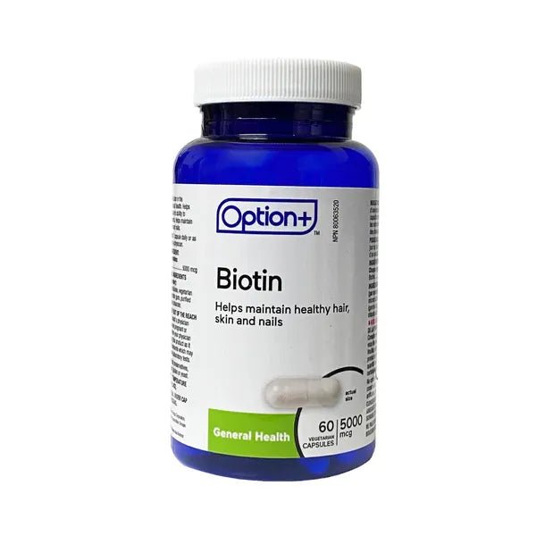 Bottle of Option+ Biotin supplement on a white background - okotoks hc pharmacy