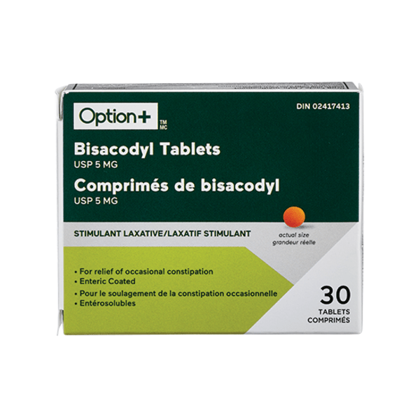 Box of Option+ Bisacodyl Tablets on a white background - okotoks hc pharmacy