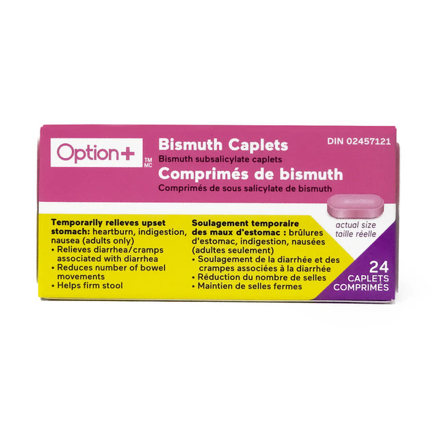 Box of Bismuth Caplets with Option+ branding on a white background - okotoks hc pharmacy